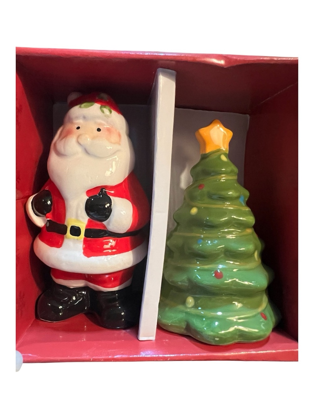 Pfaltzgraff 2015 Jolly Santa and Green Christmas Tree Ceramic Salt & Pepper Set